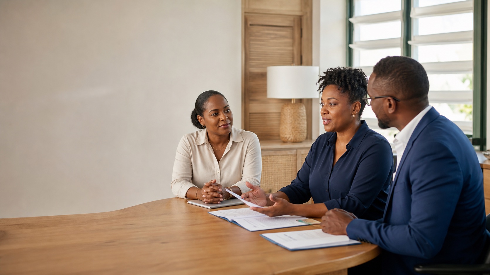 Three Bahamian business professionals having a workforce-planning conversation